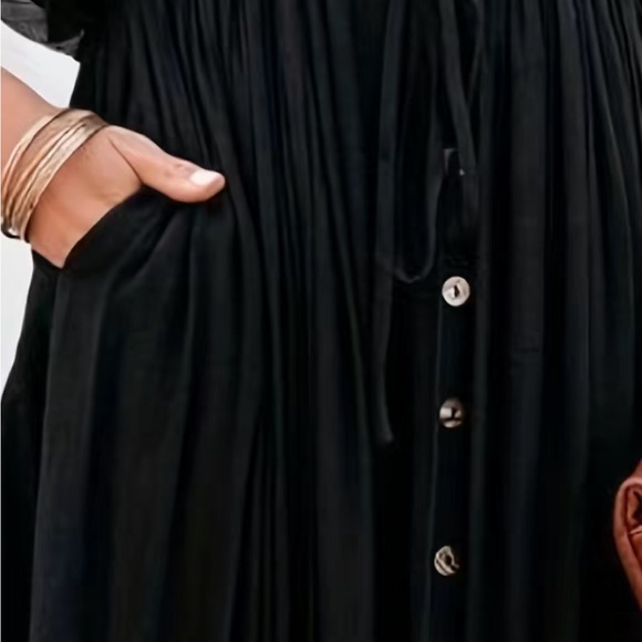 Pleated Plunging Dress, Casual Solid Button Front Beach Summer Maxi Dress, - Picture 4 of 5